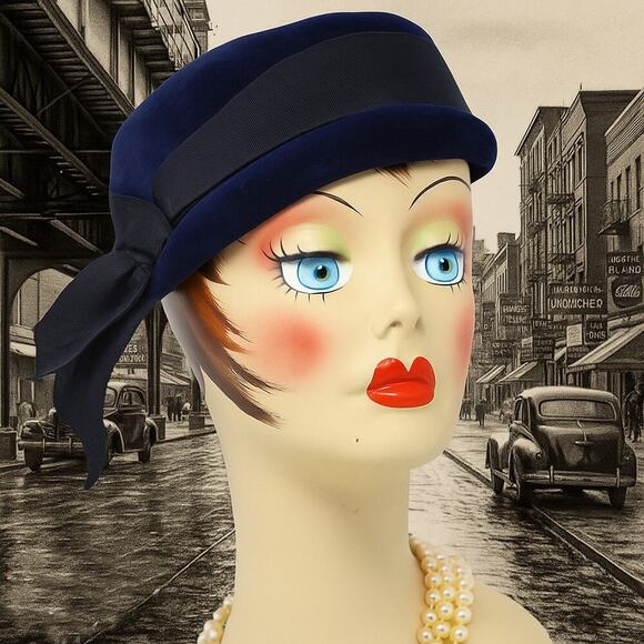 Vintage 1950s Navy Blue Felt Velour Hat w Wide Grosgrain Ribbon Bow - Hey Viv - Picture 7 of 8